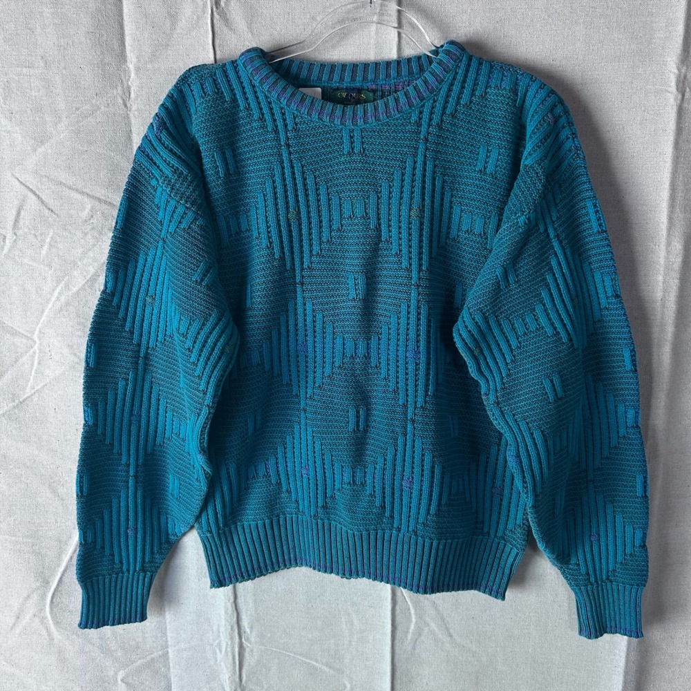 Colours by Alexander‎ Julian Vintage 90s Teal Geometric 3D Knit Cotton Sweater M